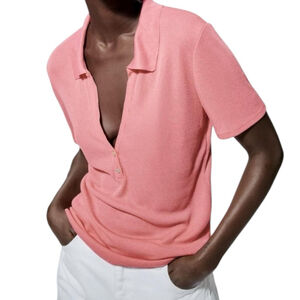 Women's Zara Polo Shirt Sleeve Ribbed Shirt, S, Coral